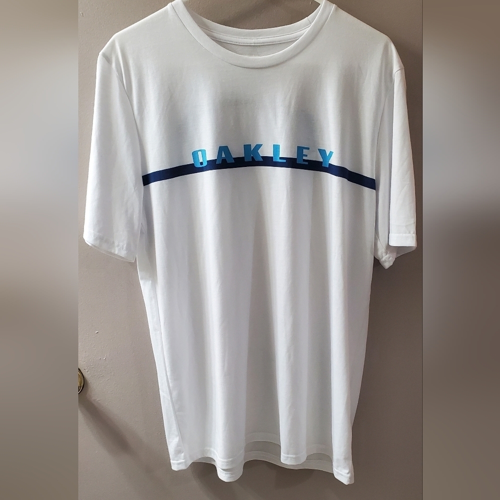 Oakley White Short Sleeve Tee with Blue Logo